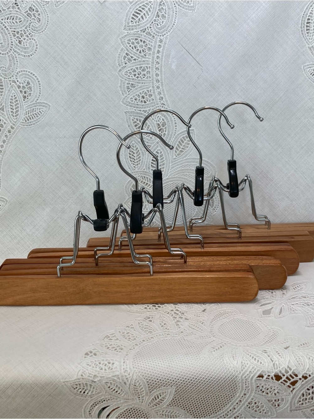 Wooden Trouser Hangers with Chrome Clips - Set of 10